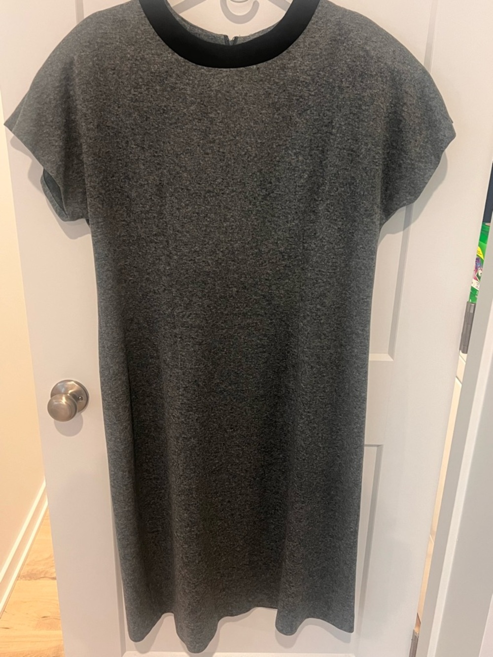 Vintage Leslie Fay Charcoal Gray Midi Shift Dress with Black Trim